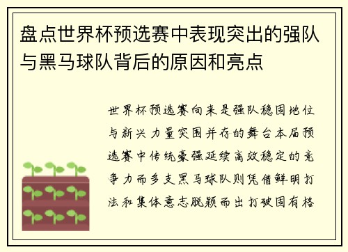 盘点世界杯预选赛中表现突出的强队与黑马球队背后的原因和亮点